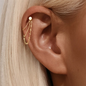 Detail of three-layer gold tassel chain helix earring with mixed bead and link textures