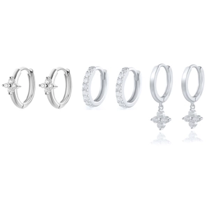 Three-pair silver hoop earring set featuring floral charms and sparkling cubic zirconia pavé