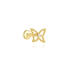 Detail of gold butterfly labret stud showing S925 hallmark and sparkling zircon stone