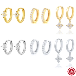 925 Sterling Silver Hoop Earrings For Women Zirconia Four Petal Flower Star Asymmetric Gold Silver Fashion Jewelry Accessories