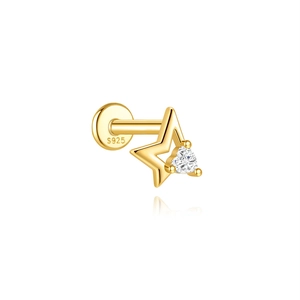 Detail of S925 sterling silver star cartilage stud with heart zircon and flat back screw