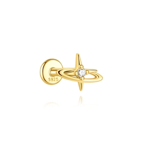 Macro view of S925 sterling silver gold-plated star cartilage stud with white zircon
