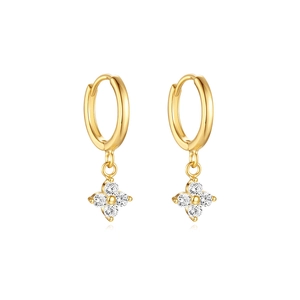 Elegant S925 silver gold-plated hoop earrings with sparkling four-petal flower zircon charms
