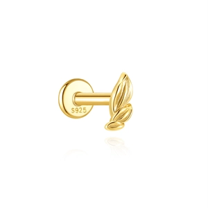 Detail of leaf-shaped gold S925 sterling silver earring with flat back piercing design