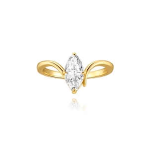 Macro view of pear-cut zircon on gold-plated S925 silver ring with S925 engraving