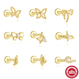S925 Sterling Silver Gold Plated Cartilage Piercing Stud Earrings For Women Butterfly Bow Knot Star Planet Leaf Jewelry