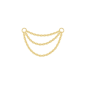 Detailed view of triple-layered gold metal chains with circular ring connectors