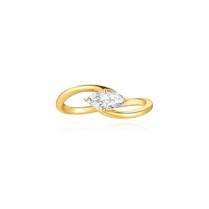 Detail of bypass gold ring featuring a marquise-cut marquise zircon stone with reflection