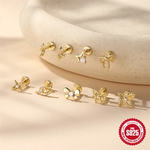 S925 sterling silver gold cartilage studs collection with heart butterfly and leaf designs