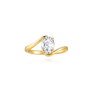 Detail of s925 silver ring featuring a large oval cubic zirconia in 18k gold finish