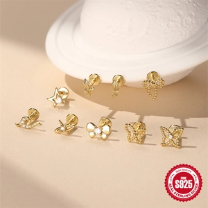 S925 sterling silver gold stud earrings set featuring leaf, bow, and star motifs