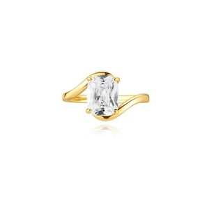 Detailed top view of gold-plated bypass ring featuring a large rectangular zircon stone