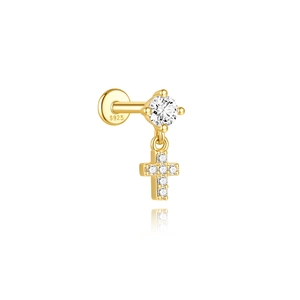 Detail von s925 Silber Gold Knorpelstecker mit funkelndem Kreuzanhänger und Zirkonia