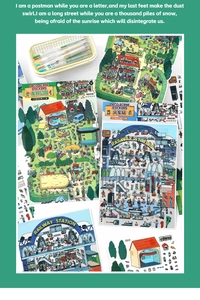 Flat lay of 2.5D landscape deco stickers with park and train station themes