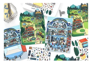 Detail of 2.5D large scenery stickers set featuring railway station and park concert designs