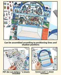 Set d'autocollants DIY en PET thème gare avec décor de quai et personnages découpés