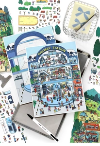 Flat lay of colorful miniature scene stickers with hand-drawn city life illustrations