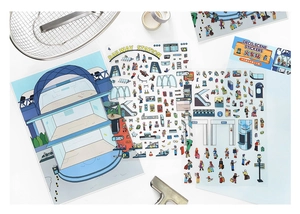 Detailed railway station deco stickers set with hand-drawn cartoon railway theme