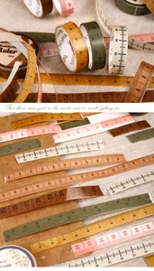 Macro detail of retro ruler-style washi tape featuring vintage scales for DIY scrapbooking