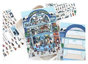 Macro view of railway station PET stickers with illustrated characters and scene elements