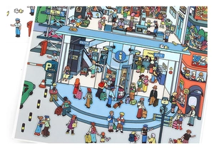 Detailed macro view of PET scenery stickers showing colorful airport and transport hub scenes
