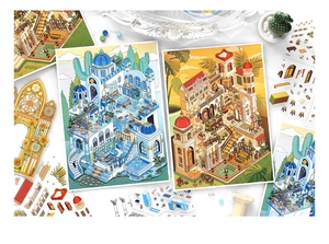 Macro detail of 2.5D architectural DIY stickers with Santorini style and Mediterranean scenes