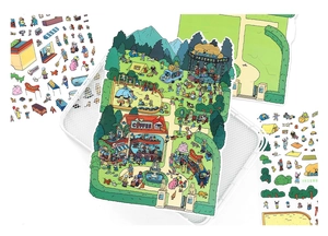 Macro detail of large PET stickers featuring a park concert scene for scrapbooking