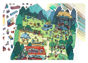 Macro detail of large 2.5D illustration stickers with diverse urban leisure scenery