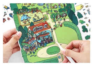 Macro detail of large PET stickers with cartoon shop scenes and tweezers for DIY journaling