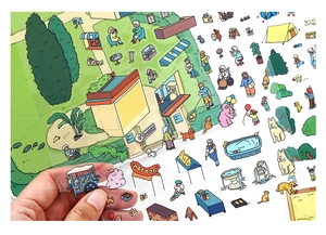Macro view of cartoon hand-drawn PET stickers showing transparent texture and cute patterns