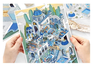 Macro view of Mediterranean architectural pet stickers showing detailed house interiors
