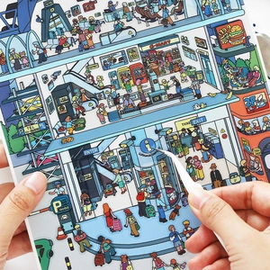 Large PET landscape stickers with hand-drawn airport city scenes for journaling