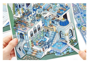 Detailed macro view of retro 2.5D building stickers with manual tweezers DIY operation