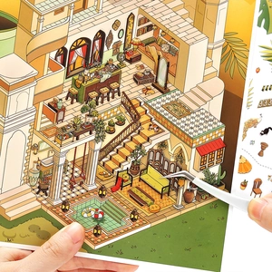 DIY 2.5D miniature house sticker kit for kids showing isometric villa rooms and pool