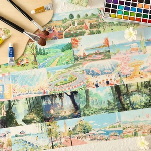 Artistic scenery washi tape set featuring hand-drawn landscapes and forest illustrations