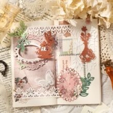 Close-up of vintage texture stickers with lace frames and floral motifs for journaling