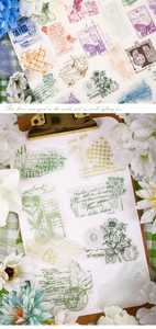 Close-up of vintage PET stickers featuring flowers and clocks for DIY journal crafts