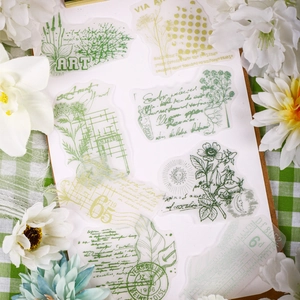 Retro botanical PET stickers with green leaves and vintage calligraphy for DIY journaling