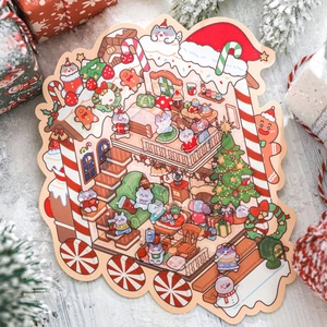 Christmas miniature scene stickers with festive house, Xmas trees and cute cats