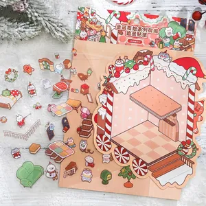 Christmas Night fantasy miniature stickers set with Santa cat and candy cart for journaling