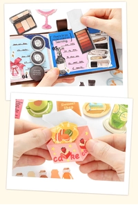 Vista macro de pegatinas 3D plegables de postres y papel decorativo DIY para diarios
