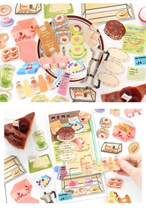 Pegatinas detalladas que muestran un collage de pasteles de fresa y temas de café art