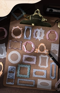 Macro-opname van vintage holle randstickers en retro scrapbooking decoratiematerialen