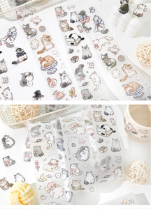 Close-up of cute cat themed PET tape with glitter finish and artistic illustrations