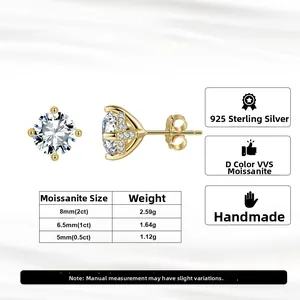 Tabla de tallas de pendientes moissanite de plata de ley S925 con 2ct 1ct y 0,5ct