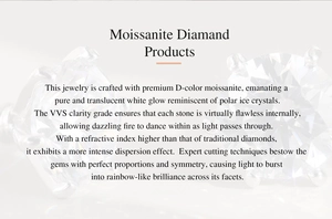 Detail card showing D-color VVS moissanite specifications and high refraction index