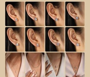Detailed grid of S925 silver moissanite earrings in various cuts and layered gold necklaces