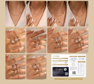 Detailed view of gold moissanite jewelry set with GRA gemstone certification report