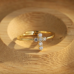 Bague Ouverte Croix en Moissanite en Argent Sterling 925 pour Femme Plaquée Or 14K Argent Bague Réglable Bijoux Minimalistes Religieux Cadeau Avec Certificat GRA