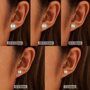 Orecchini a perno con perle mostrati in cinque misure diverse da 7,5 mm a 12 mm